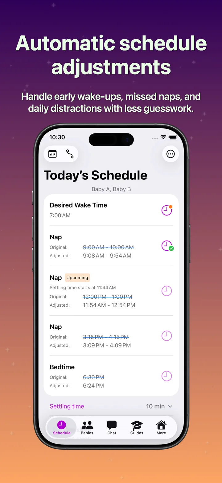 SleepyTwins schedule adjustment screen showing updated timing after a logged nap