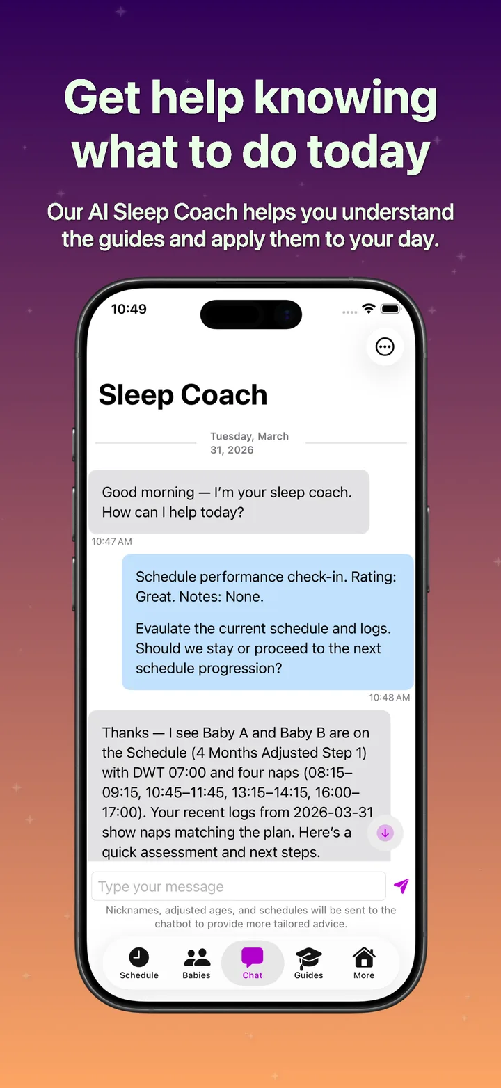 SleepyTwins AI Sleep Coach reviewing schedule patterns and possible adjustments