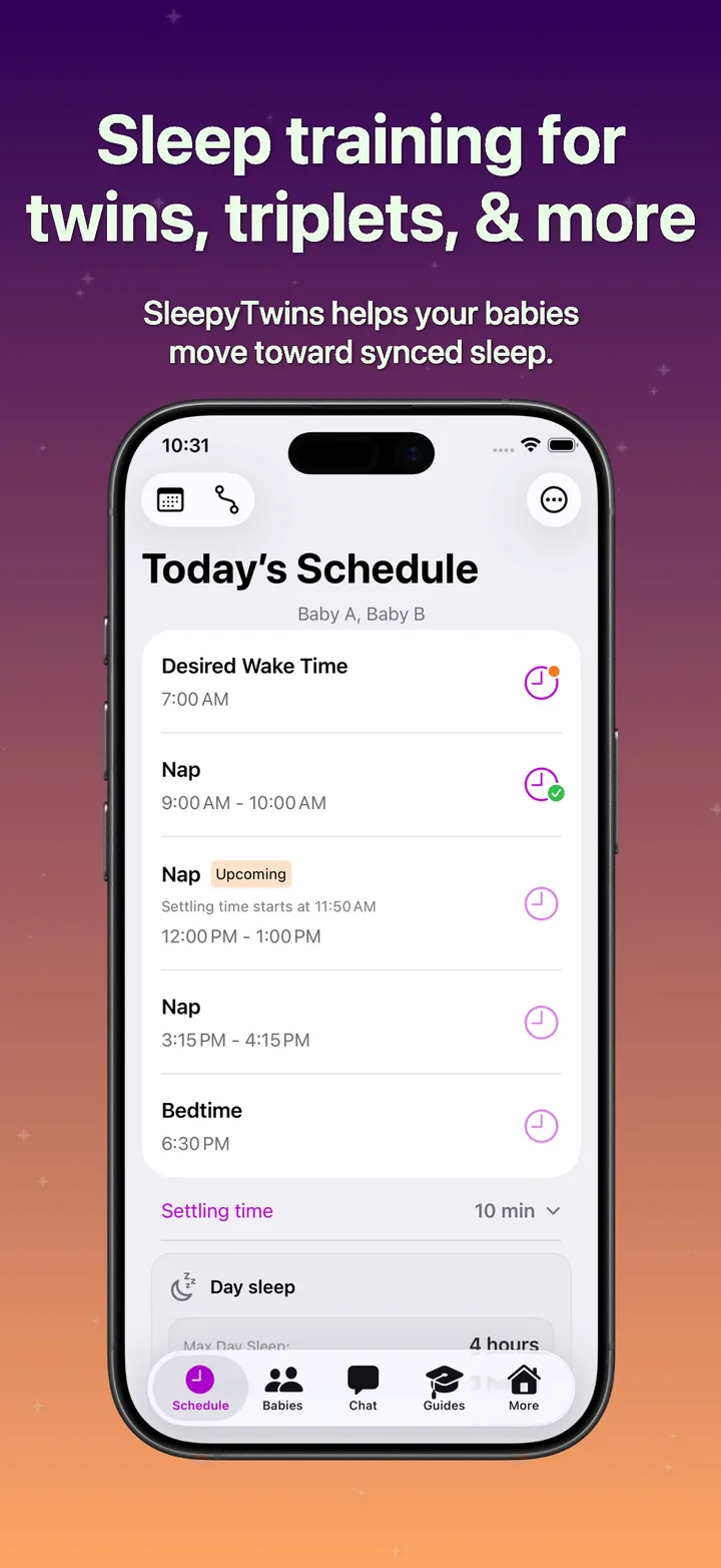 SleepyTwins schedule screen showing a shared daily sleep plan for two babies